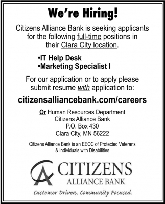 It Help Desk Marketing Specialist I Citizens Alliance Bank