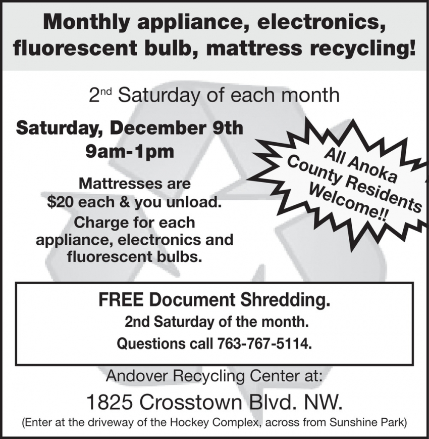 Monthly Appliance, Electronics And Fluorescent Bulb Recycling Day
