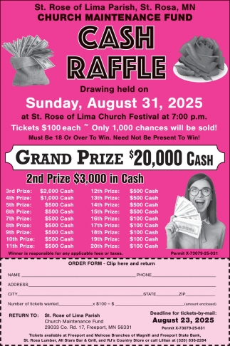 Cash Raffle, St. Rose of Lima Parish , Freeport, MN