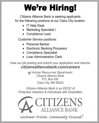 We Re Hiring Citizens Alliance Bank Clara City Mn