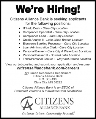 We Re Hiring Citizens Alliance Bank Clara City Mn